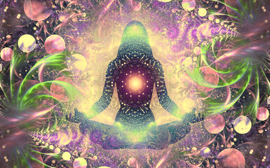 Wall Mural - Silhouette of a girl in Lotus position on the background of the universe. A state of trance and deep meditation. A spiritual journey in the universe.