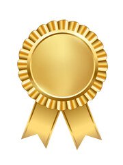 Wall Mural - gold award badge with ribbon vector illustration. 3d realistic circle shiny emblem trophy for win ac