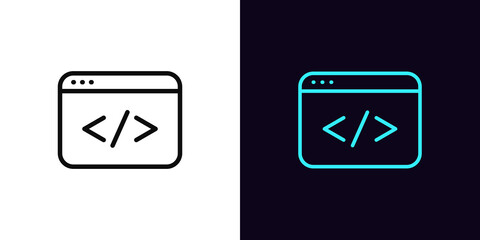 Outline coding icon, with editable stroke. App window sign with code, web development pictogram