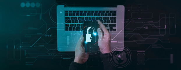 Cyber security and data protection information privacy internet technology concept.Businessman working on smartphone laptop computer show padlock protecting business and financial data 