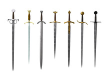 Collection Of Medieval Fantasy Swords. 3D Rendering Isolated On White Background.