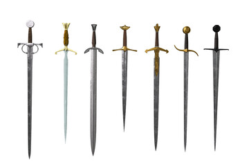 collection of medieval fantasy swords. 3d rendering isolated on white background.