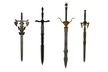 4 different medieval swords isolated on white. 3d illustration.