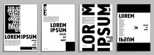 Set Of Four Lorem Ipsum Typographic Posters. An Abstract And Artistic Typography Design In Black And White.