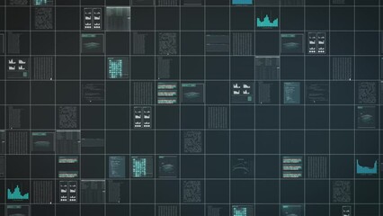 Wall Mural - individual tiles of a computer system screen showing code, graphs and data display. background anima