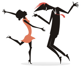 Wall Mural - Dancing young couple silhouette illustration isolated. Romantic dancing young man and woman silhouettes isolated on white illustration