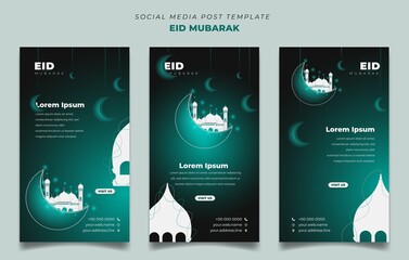 Set of green social media post template for eid mubarak design in portrait background.