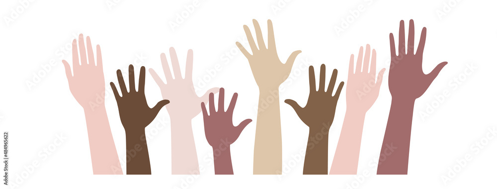 Vector set of silhouettes raised up different hands. Hands of people ...
