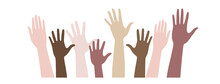 Vector Set Of Silhouettes Raised Up Different Hands. Hands Of People With Different Skin Colors.
