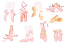 Collection Elegant Feminine Ballet Flats With Ribbons Vector Flat Illustration Ballerina Shoes