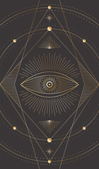 Wall Mural - Vector mystic dark celestial background with golden outline eye, beams, stars and dotted radial circles. Occult linear illustration with a magical symbol. Sacred geometric tarot card cover