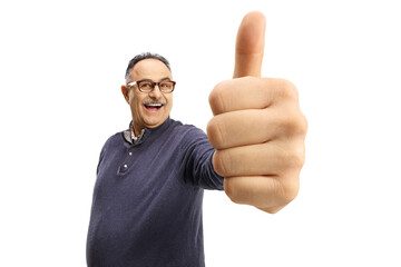 Poster - Happy mature casual man showing thumbs up in front of camera