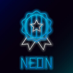 Poster - Glowing neon line Medal with star icon isolated on black background. Winner achievement sign. Award medal. Colorful outline concept. Vector