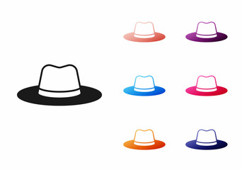 Canvas Print - Black Man hat with ribbon icon isolated on white background. Set icons colorful. Vector