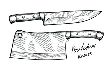 kitchen and meat cutting knives set. cleaver chef and butcher tools. sketch vintage vector illustrat
