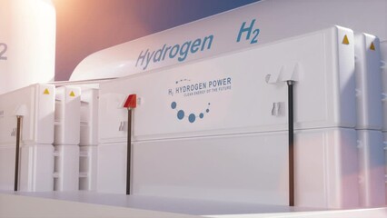 Wall Mural - Hydrogen renewable energy production - hydrogen gas for clean electricity solar and windturbine facility. 3d rendering.