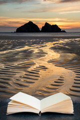 Wall Mural - absolutely beautiful landscape images of holywell bay beach in cornwall uk during golden hojur sunse