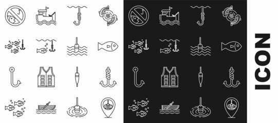 Sticker - Set line Location fishing, Fishing hook, under water, with, No and float icon. Vector