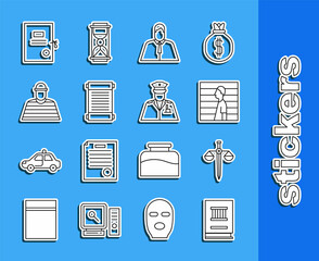 Sticker - Set line Law book, Scales of justice, Suspect criminal, Lawyer, attorney, jurist, Decree, paper, parchment, scroll, Prisoner, Lawsuit and Police officer icon. Vector