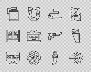 Sticker - Set line Pointer to wild west, Spur, Smoking pipe, Revolver cylinder, Canteen water bottle, Wild saloon, Tooth and gun holster icon. Vector