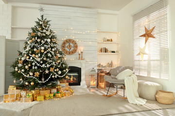 Canvas Print - Decorated Christmas tree with gift boxes and fireplace in stylish living room interior