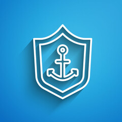 Wall Mural - White line Anchor inside shield icon isolated on blue background. Long shadow. Vector