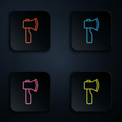 Wall Mural - Color neon line Wooden axe icon isolated on black background. Lumberjack axe. Set icons in square buttons. Vector