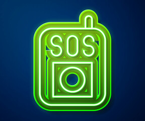 Sticker - Glowing neon line Press the SOS button icon isolated on blue background. Vector