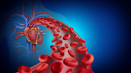 Heart blood circulation and cardiovascular system health symbol with red cells flowing through veins from the human circulatory system as a symbol of cardiology