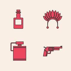 Poster - Set Revolver gun, Tequila bottle, Indian headdress with feathers and Canteen water icon. Vector