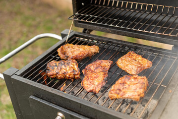 Sticker - A closeup of pieces of meat roasting on grill in backyard in summer day