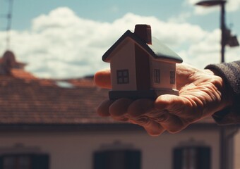 Italian real agent man holding a small house with a classic Italian house scenery as background .