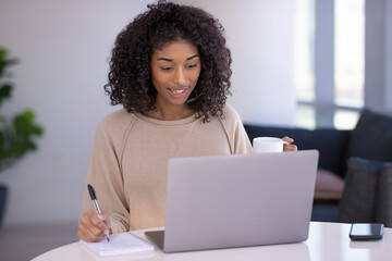 Sticker - Young black woman at home remote working on laptop computer talking to her colleague