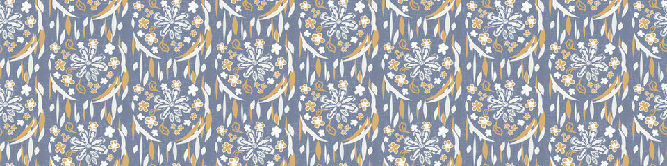 French blue floral linen seamless pattern with 2 tone country cottage style botanical motif. Simple vintage rustic fabric textile effect. Primitive modern shabby chic design.