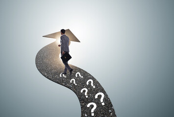 The businessman walking away on question footpath