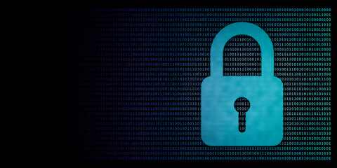 Digital security concept by binary code drawing a padlock blue green light on black background.