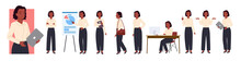Wide set of working poses american african business lady. Busy office executive manager woman with laptop, big data analytics consultant employee cartoon vector illustration