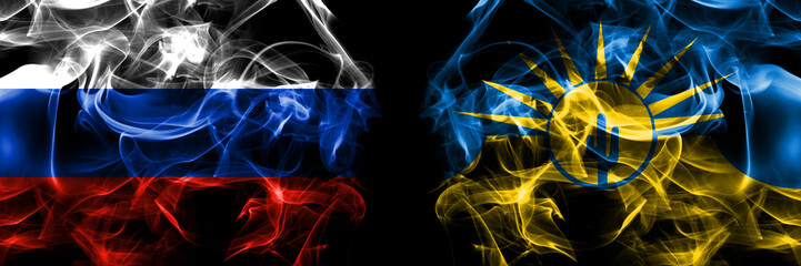 Russia, Russian vs United States of America, America, US, USA, American, Mesa, Arizona flags. Smoke flag placed side by side isolated on black background