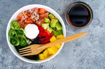 Wall Mural - Poke with vegetables and fresh salmon. Studio Photo
