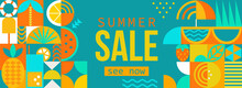 Summer Sale,horizontal Geometric Banner With Hot Season Symbols In Geometry Style.Posters,flyers Design For Covers,web,invitation For Shopping.Template Offer Of Big Discounts Deals.Vector Illustration