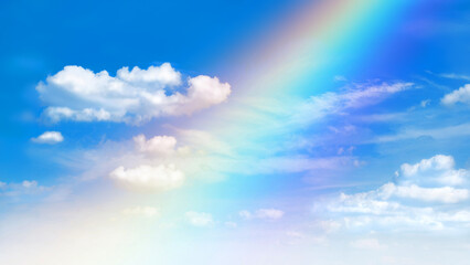 Wall Mural - sunny day background, blue sky with white cumulus clouds and rainbow, natural summer or spring backg