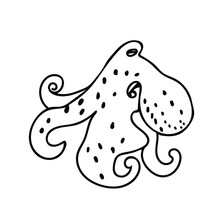 Vector Simple Illustration With Octopus On White Isolated Background.Ocean,Summer Underwater Animal Hand Drawn In Doodle Style.Design For Postcards,stickers,packages,social Media,web,coloring.