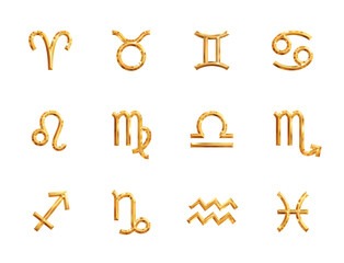 zodiac signs. gold astrology symbols for horoscope template. zodiac shiny metallic icons set isolate