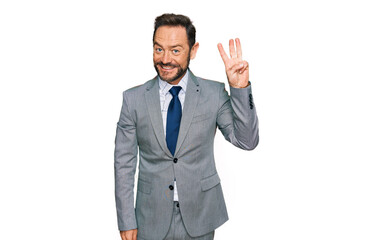 Poster - Middle age man wearing business clothes showing and pointing up with fingers number three while smiling confident and happy.