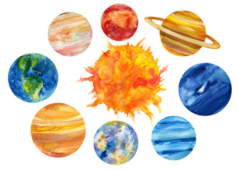 Wall Mural - Solar system, watercolor planets, isolated white background, hand drawing space illustration