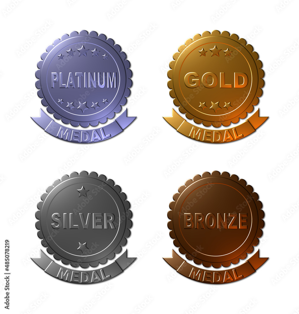Ilustração do Stock A set of four 3D membership medals in Platinum, Gold,  Silver and Bronze, isolated on white. | Adobe Stock, image size:951x1000