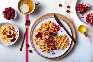 Poster - Belgian waffles with honey and raspberries. Breakfast waffles with berry crunch,  pomegranate seeds and honey