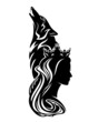 fairy tale queen or princess wearing royal crown with howling wolf profile head black and white vector silhouette portrait