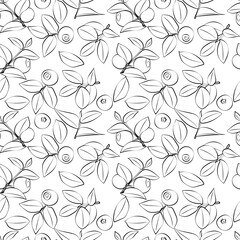  Set of seamless pattern with leaves and blueberries. Line drawing. Lines have different widths. Black-white.