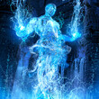 The water elemental rises majestically above the water in an ancient temple with waterfalls forming luminous streams of water upwards, it has a perfect golden body and glowing eyes. 3d rendering
